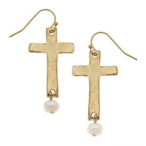 SUSAN SHAW Gold Cross Earrings with Pearl Accent